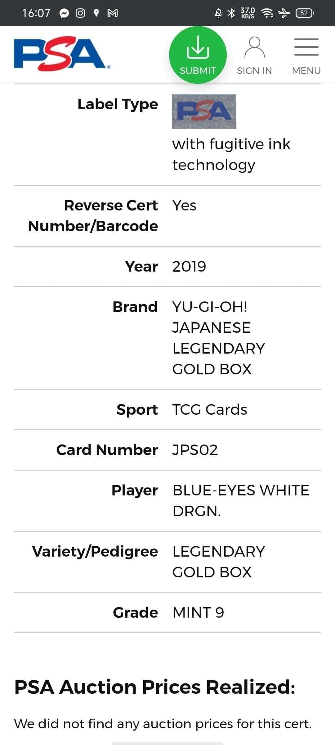 Blue eyes White Dragon | LGB1-JPS02 | PSA ChitoroShop