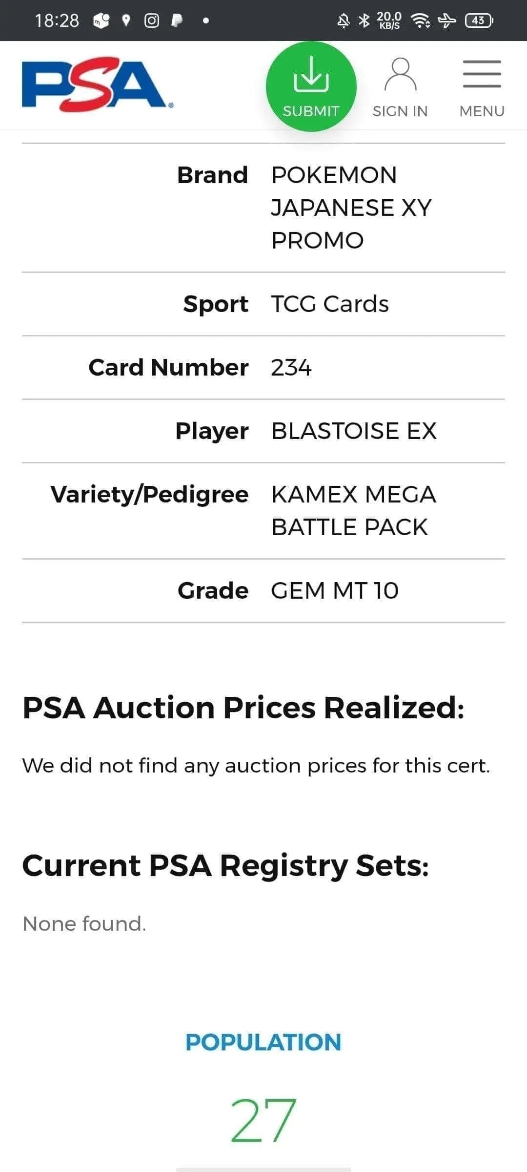 Blastoise EX 234 XY-P | Tienda PSA Chitoro